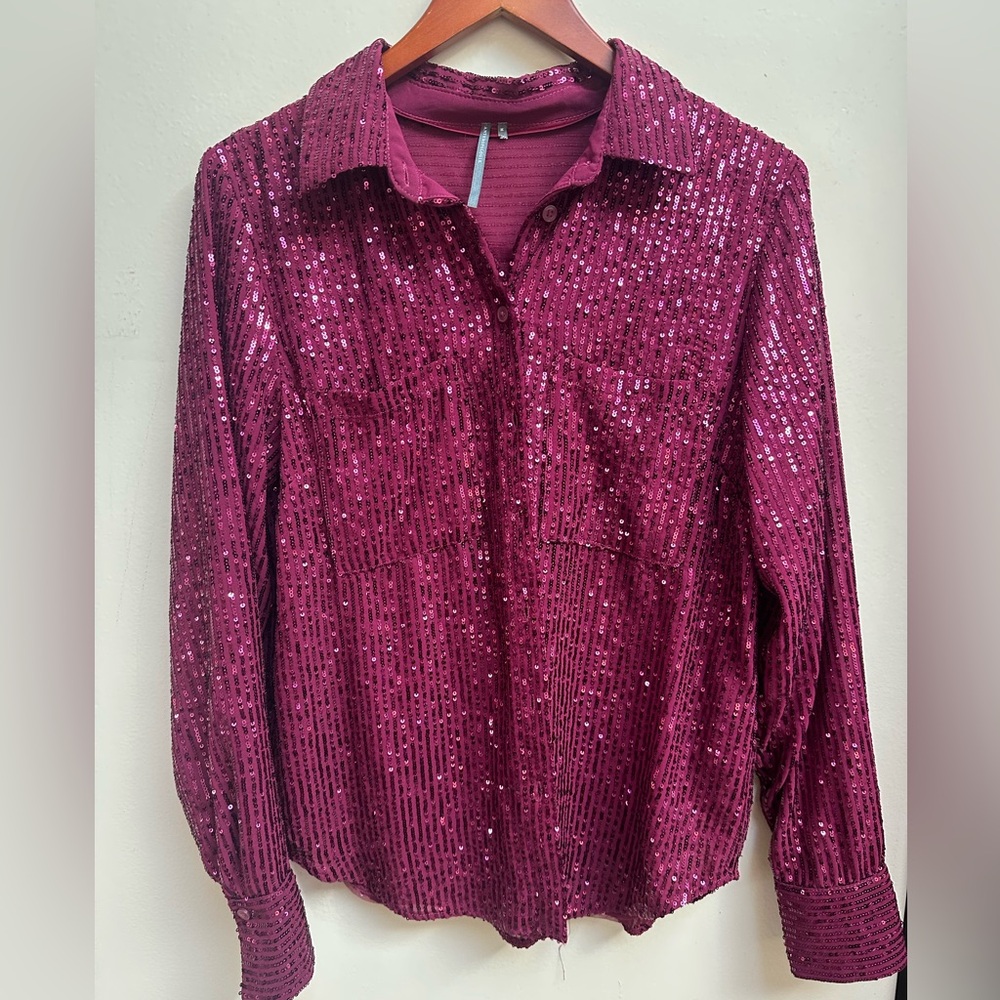 Anthropologie Sequin Burgundy Button Down Shirt